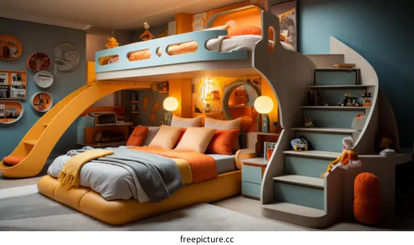 A bunk bed with a slide, perfect for kids