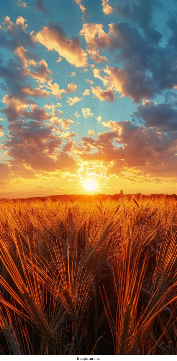Beautiful Sunset Golden Wheat Field with Sky Clouds