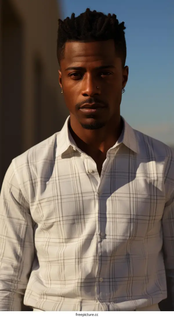 A handsome young African-American man wearing a white dress shirt with gray stripes and a black suit jacket poses for a photo.