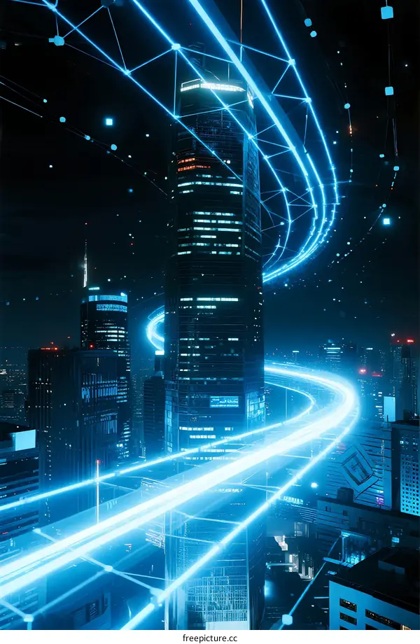 Futuristic City with Digital Networks and Light Trails