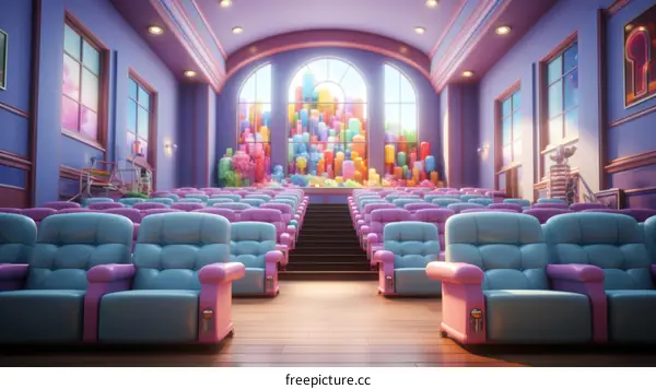 Colorful Stained Glass Windows in an Empty Auditorium