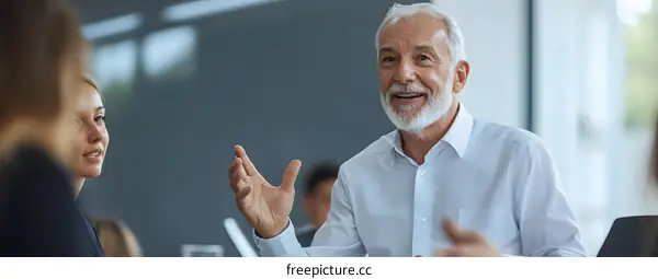 Smiling Senior Businessman Giving a Presentation to His Team