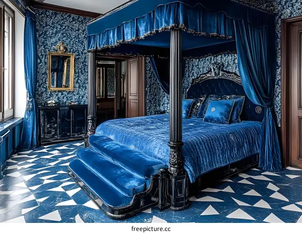 Luxury Bedroom Interior Design with Canopy Bed and Blue Velvet