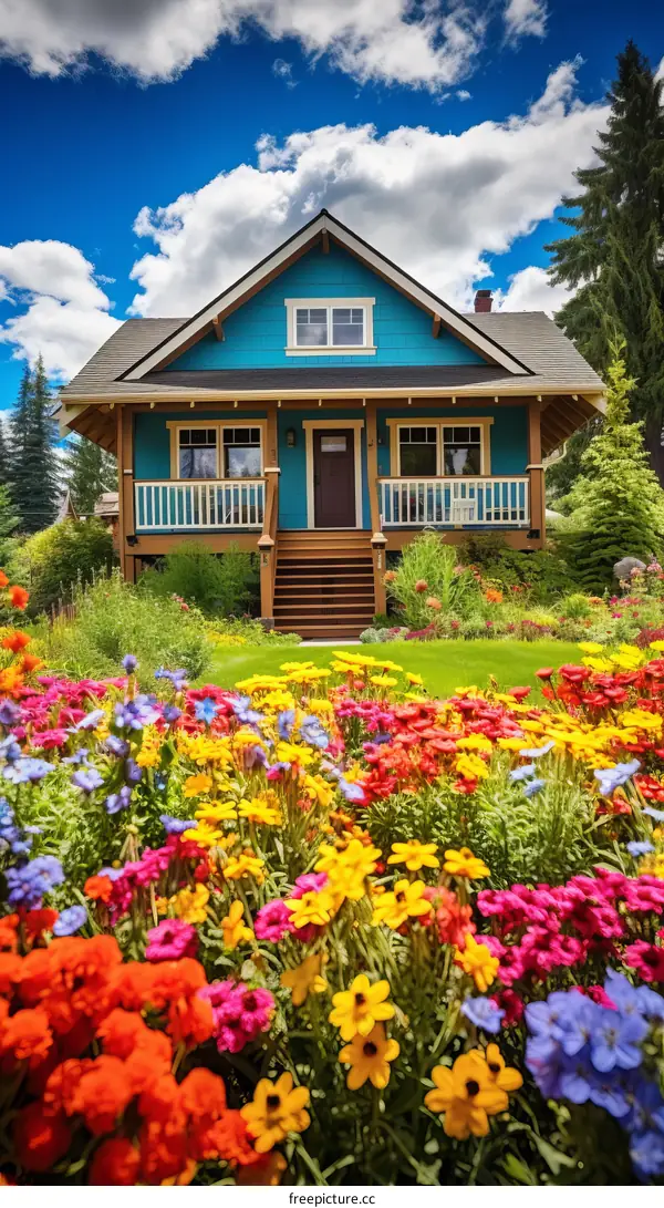 Small blue cottage with a garden full of flowers