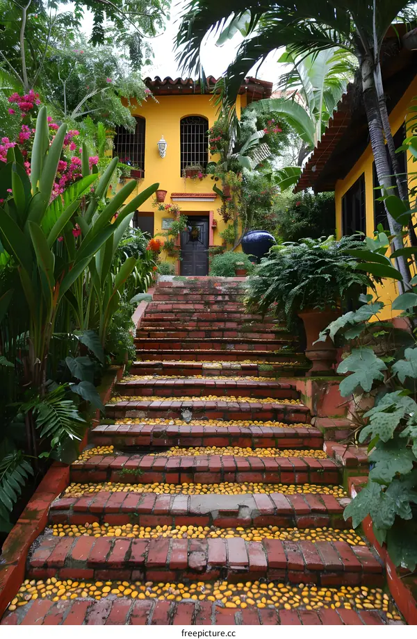 Yellow House with Brick Stairs and Tropical Garden