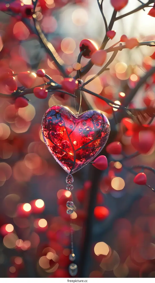 Red Glass Heart Hanging on a Branch