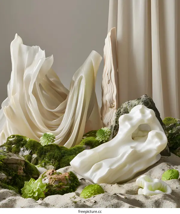 Abstract Sculpture with White Fabric and Green Plants