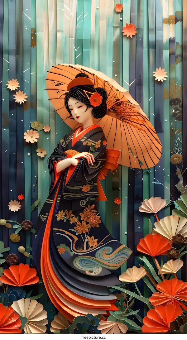 Paper Art Illustration Of Woman Wearing Kimono