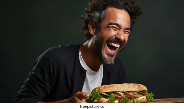 Bearded man laughing with a sandwich in his hand