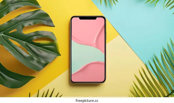 Flat Lay of Smartphone with Tropical Leaves on Colored Background