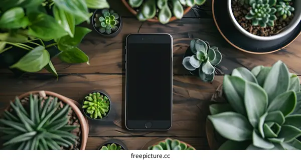 Black Smartphone with Succulents on Wooden Table