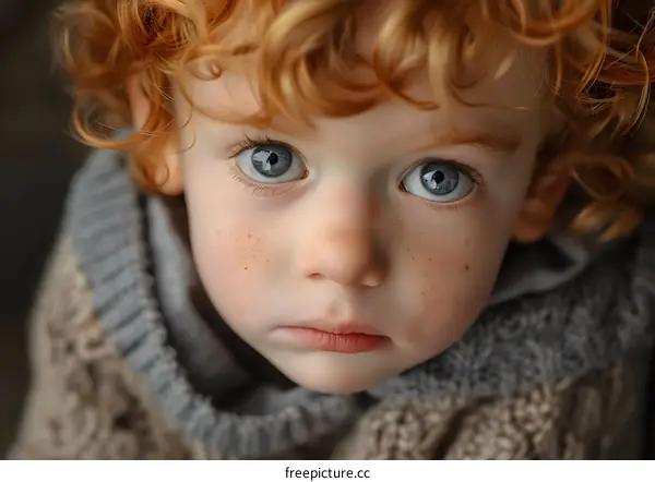 Portrait of a redheaded boy with freckles and blue eyes