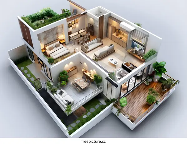 3D rendering of a modern house with green roof and terrace