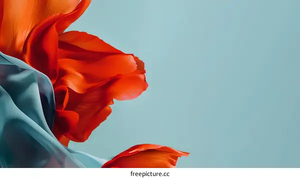 Red Flower Petals with Blue Fabric on a Light Blue Background