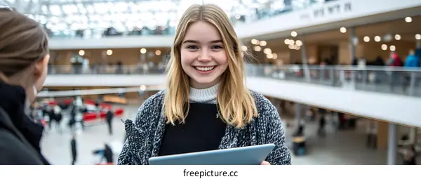 Smiling Woman Holding Tablet in Modern Building