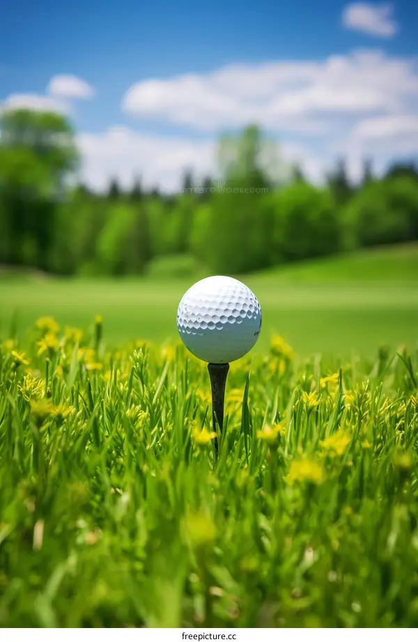 Golf Ball Ready to Tee Off on a Lush Green Course