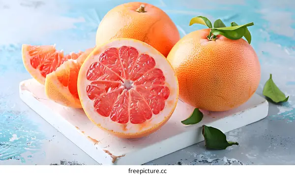 Fresh Grapefruit Slices On White Cutting Board