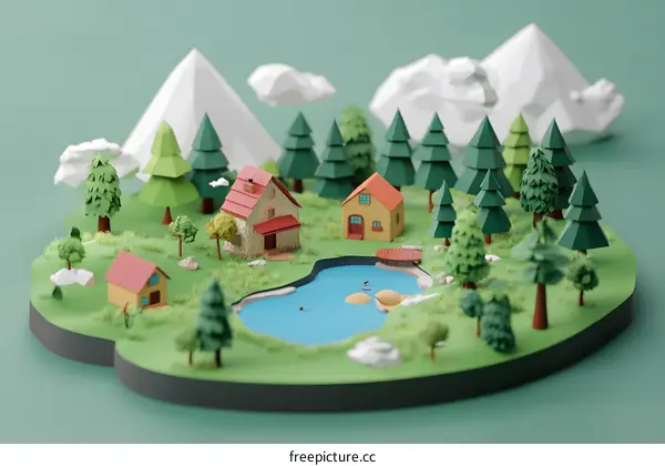 Low Poly 3D Rendered Model of a Small Town