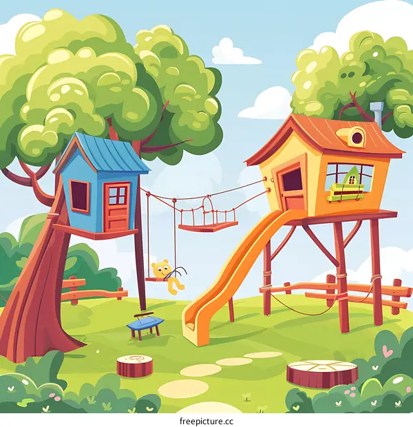 Cartoon Illustration of a Treehouse Playground with a Swing and Slide