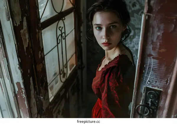 portrait of a young woman in a red dress standing in a doorway