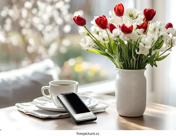 Red and White Tulip Bouquet on Table with Coffee and Phone