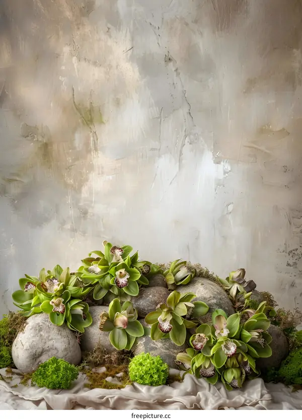 Green Orchid Flowers on Stones and Moss with Grey Background