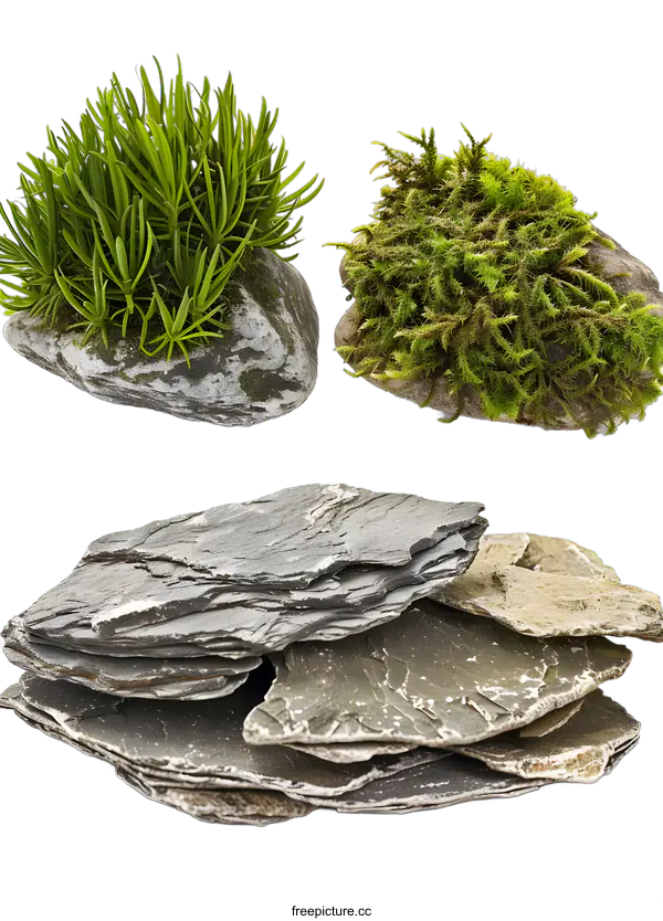 [Transparent Background PNG]Green Moss Rocks and Slate Stone Stack Isolated On White Background