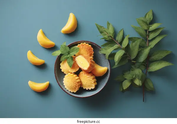 Delicious Mooncakes and Mint Leaves Arrangement