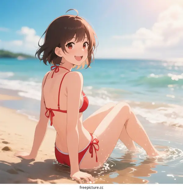 A young girl in red bikini sitting on beach by the sea