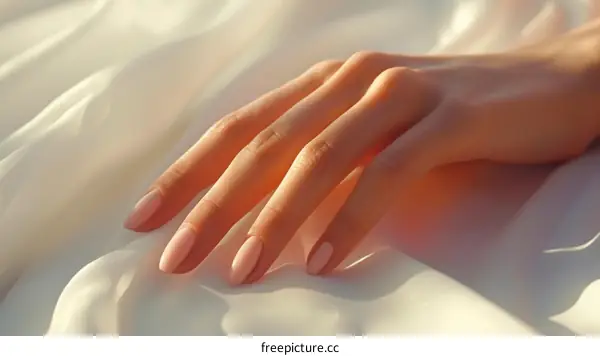 Closeup of a woman's hand with a pink manicure on a white cloth