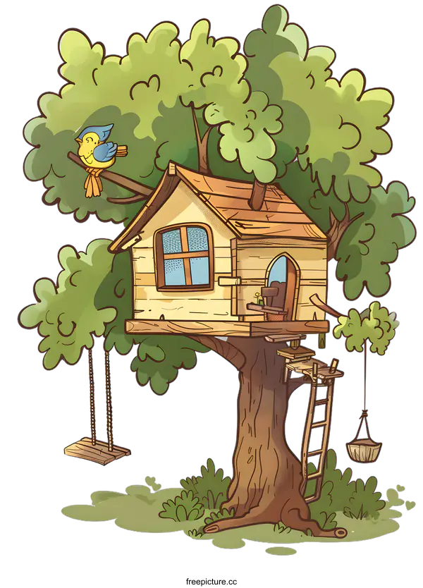 [Transparent Background PNG]Treehouse with Green Leaves and a Bird