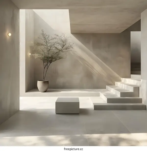 Minimalist Interior Design with Concrete Stairs and a Small Plant