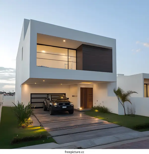 Modern White House with Car in Driveway