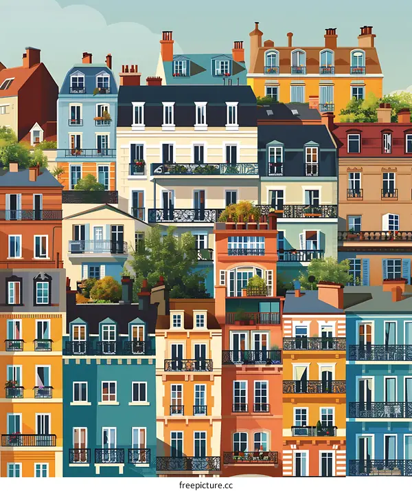 Colorful European City Buildings with Balconies Illustration