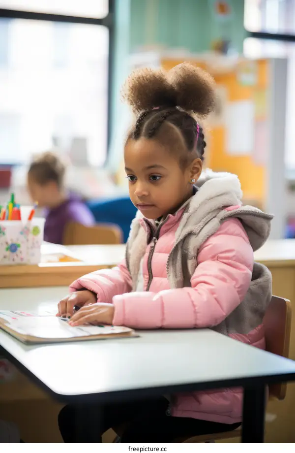 Little girl sitting at a table in a classroom looking at a book