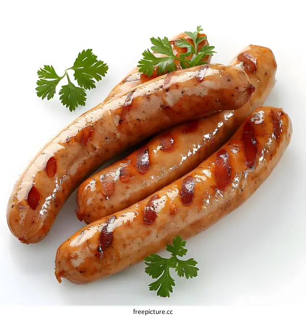 Four grilled sausages on a white background