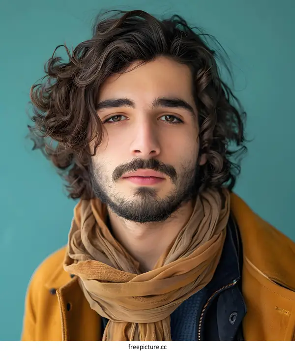 Portrait of Young Man with Curly Hair and Beard Wearing a Scarf