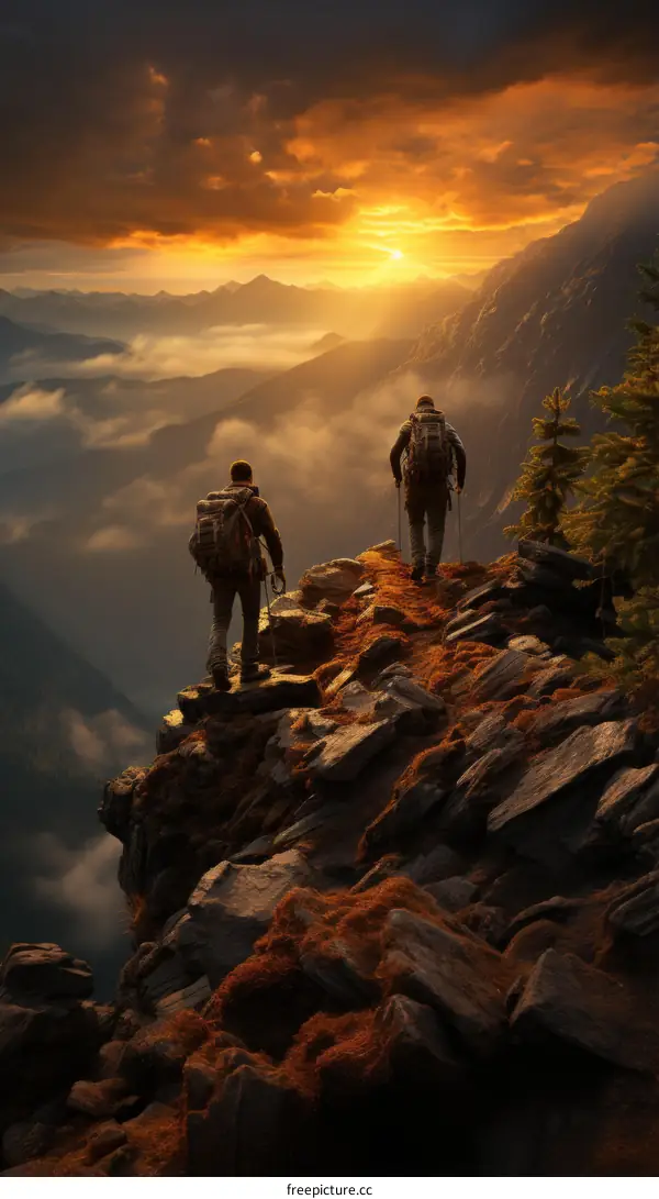 Two hikers on a mountaintop overlooking a valley at sunset