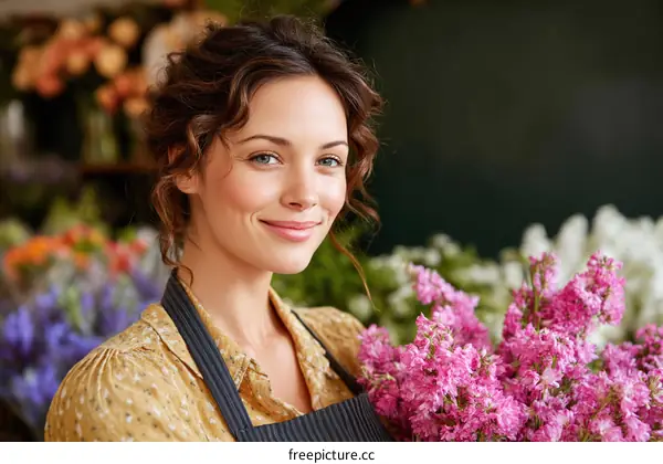A young woman working in a flower shop surrounded by pink flowers