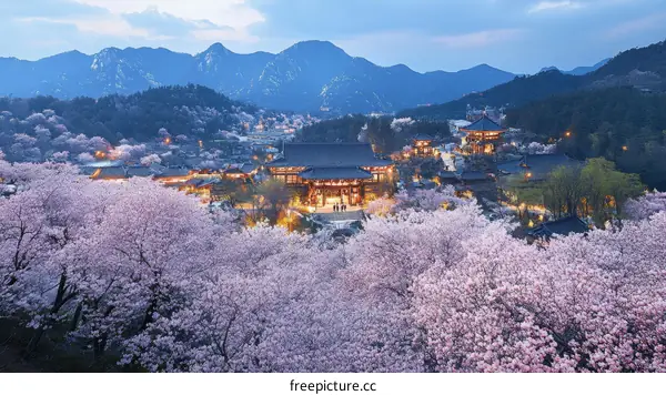 Cherry blossoms over a temple in the mountains