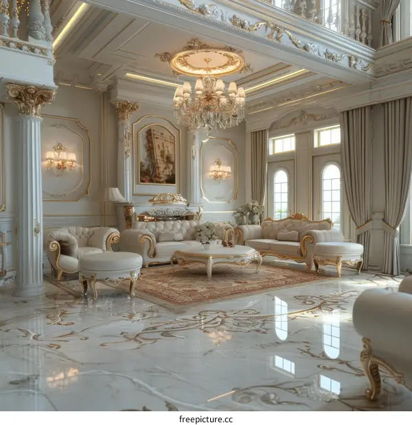 Luxurious Living Room with Marble Flooring and Chandelier
