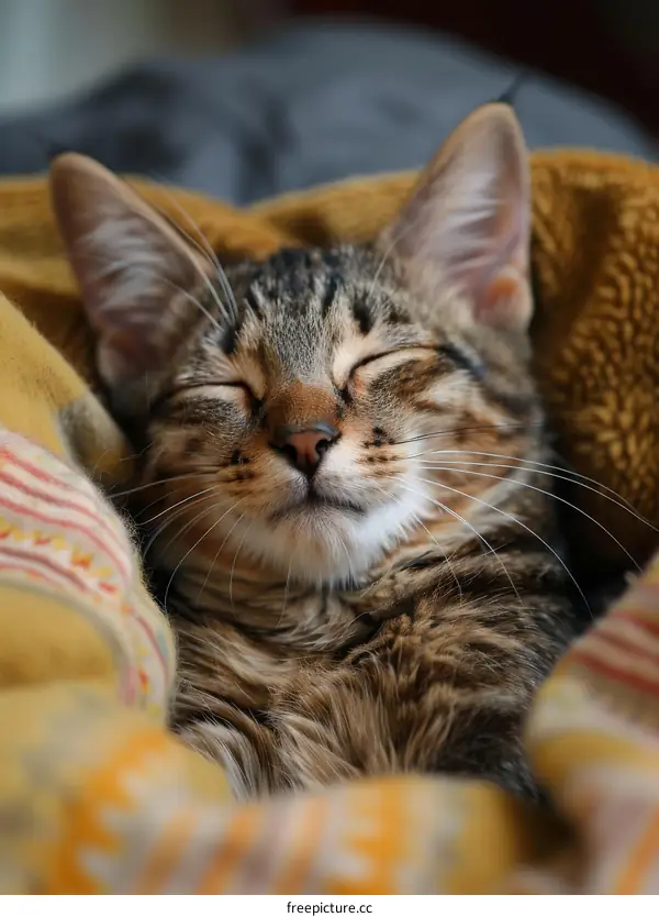 A cute tabby kitten sleeping soundly under a blanket