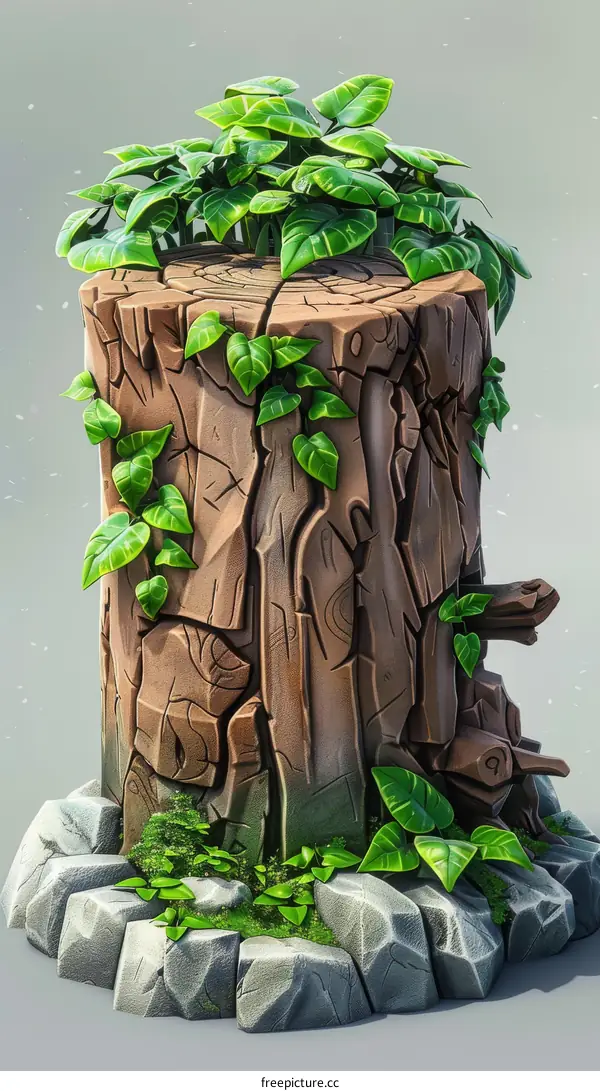 Green Vines and Leaves Growing on a Tree Stump