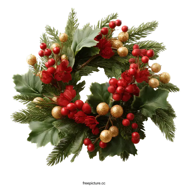 [Transparent Background PNG]Christmas Wreath with Red Berries and Gold Ornaments