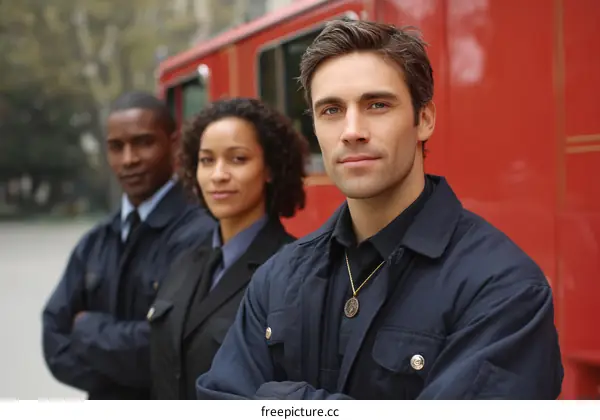 Three Firefighters in Uniform Near a Red Firetruck