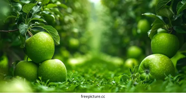 A verdant orchard with ripe green apples hanging from the trees