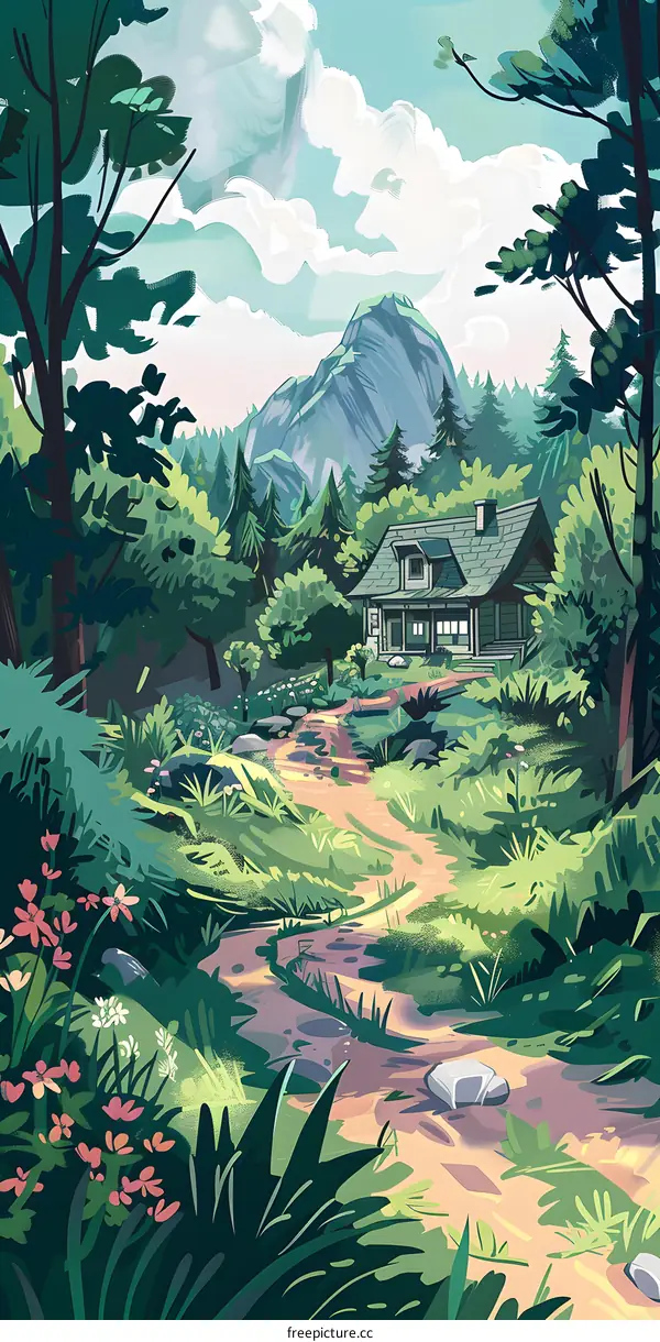 Cabin in the Woods with Green Forest