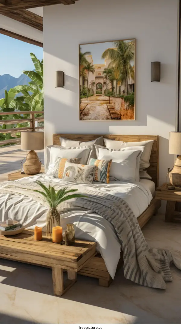 Modern luxury villa bedroom interior with a tropical theme