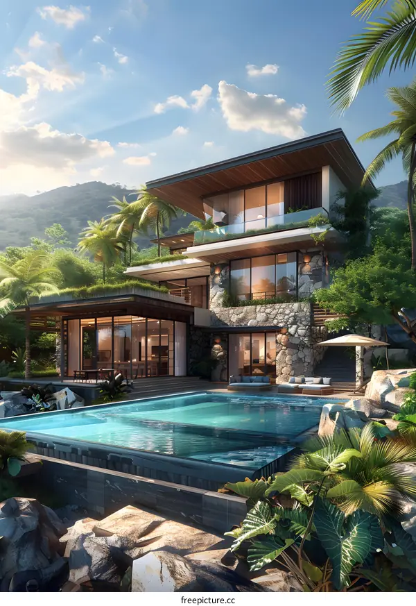 A modern villa built with stone and glass at the foot of the mountain