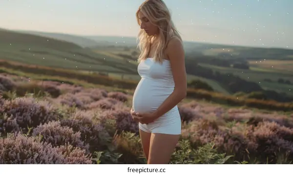 Pregnant woman standing in a field of lavender
